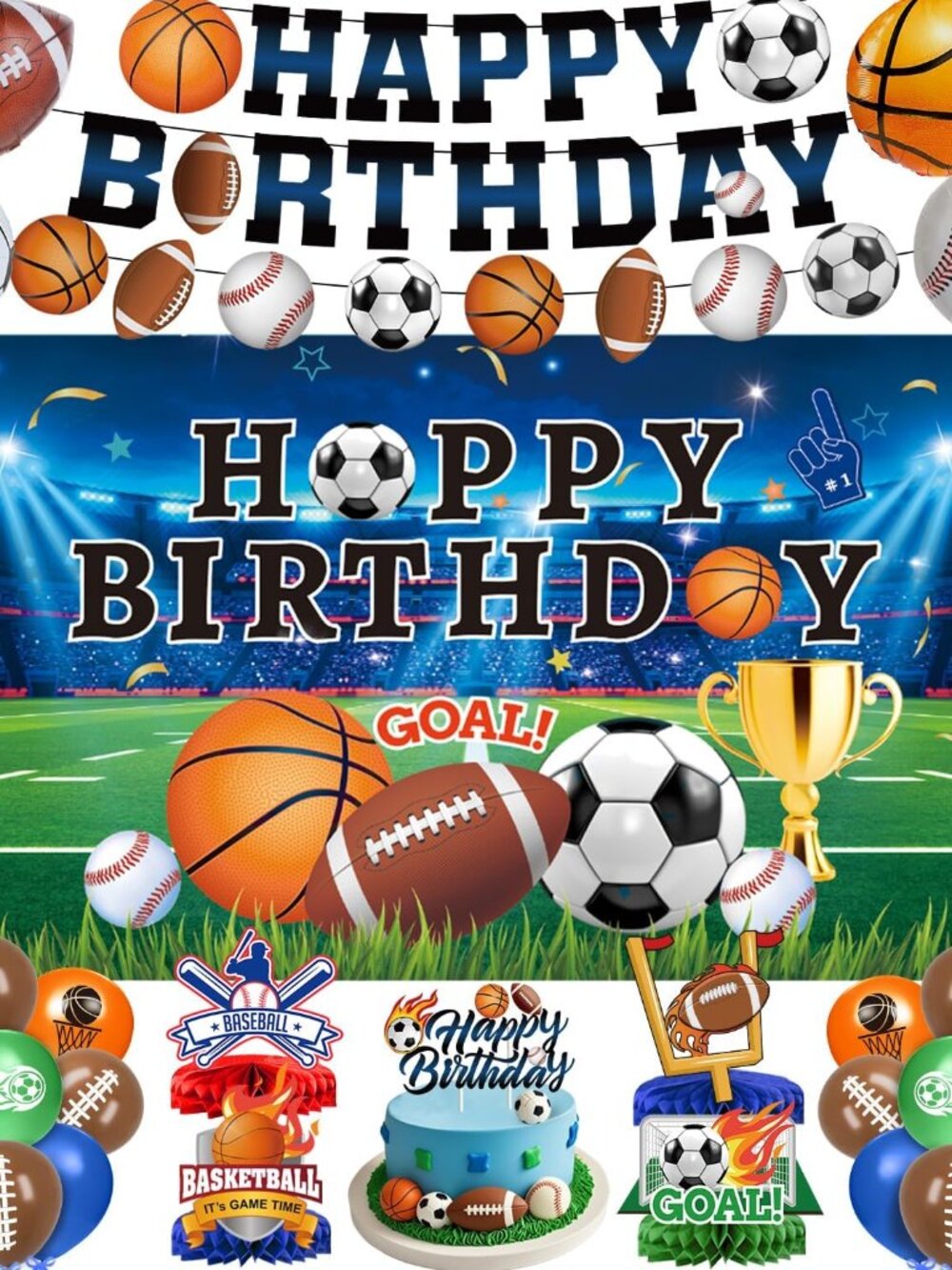 Sports Birthday Party Decorations Includes Banner, Backdrop, Foil & Latex Balloo